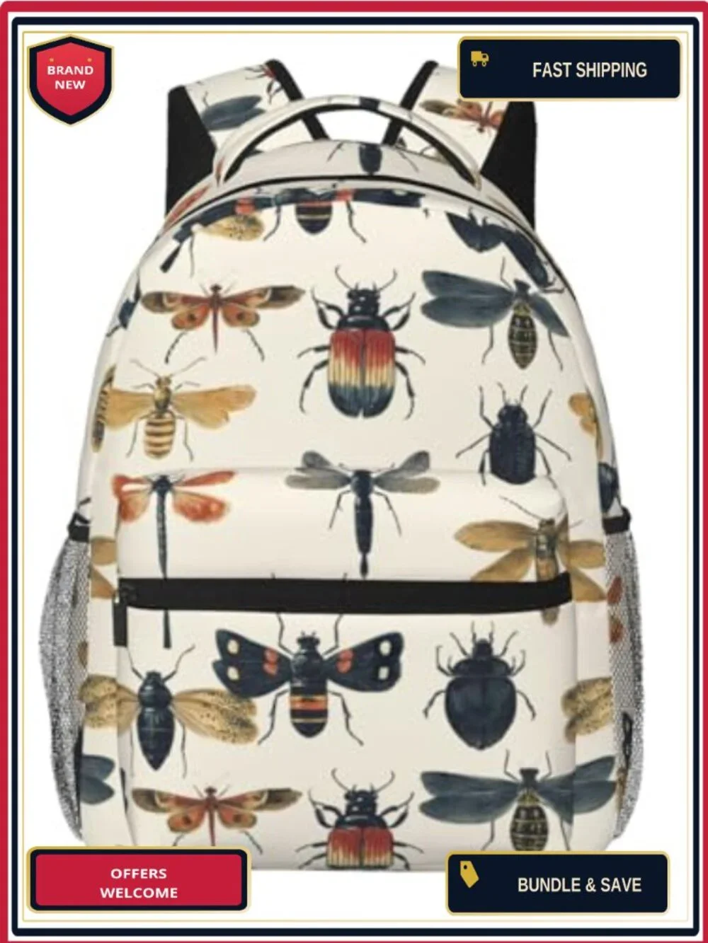 Vintage Insect Pattern Polyester Backpack with Padded Laptop Sleeve,